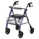 Rollator Blue Four-Wheel with ergonomic hand brakes, padded seat, and curved backrest.