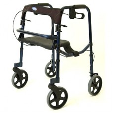 Rollator Blue Adult Rollite  with 8" casters, handbrakes, backrest, and flip-down seat.