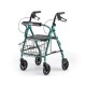 Junior Rollator Four Wheel Green Rollator equipped with ergonomic hand brakes, straight backrest, and basket.