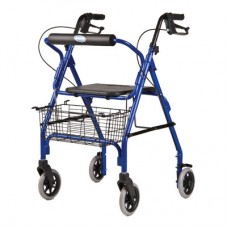 Rollator Blue Adult Four-Wheel Rollator comes with handbrakes, backrest, and basket