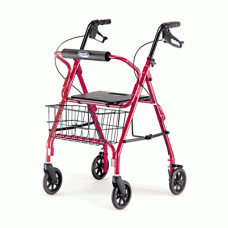 Rollator Red Adult Four-Wheel Rollator comes with handbrakes, backrest, and basket.