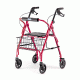Rollator Red Adult Four-Wheel Rollator comes with handbrakes, backrest, and basket.